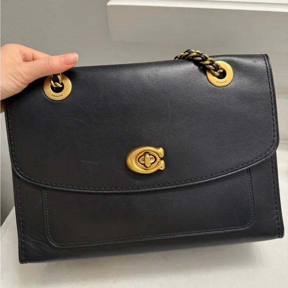 Coach Parker Chain Black Leather Shoulder Bag - Picture 1 of 11